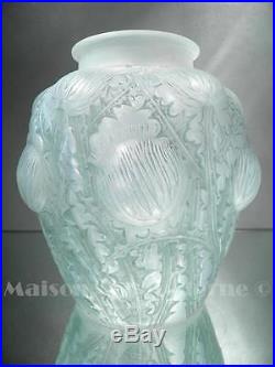1920-30 R. Lalique Vase En Verre Soufflé-moulé Opalescent Patiné Bleu Art Déco