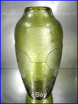 1930 Legras Montjoye S. D Grand Vase Verre Gravé À L'acide Et Au Sable Art Déco