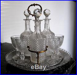 3 carafes 6 verres en cristal de Baccarat modèle Diamants biseaux bronze doré