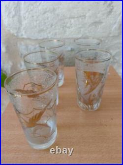 5 verres Art Déco D'argyl Verre givré dégagé à l'Acide Décor Cygnes et poisson