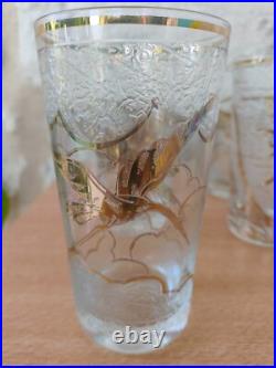 5 verres Art Déco D'argyl Verre givré dégagé à l'Acide Décor Cygnes et poisson