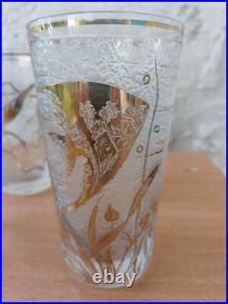 5 verres Art Déco D'argyl Verre givré dégagé à l'Acide Décor Cygnes et poisson