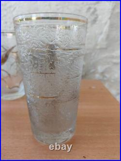 5 verres Art Déco D'argyl Verre givré dégagé à l'Acide Décor Cygnes et poisson