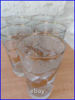 5 verres Art Déco D'argyl Verre givré dégagé à l'Acide Décor Cygnes et poisson