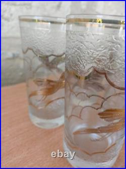 5 verres Art Déco D'argyl Verre givré dégagé à l'Acide Décor Cygnes et poisson