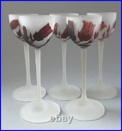 5 verres pâte de verre gravé acide fleurs Art Nouveau Croismare Era Daum gallé