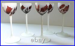 5 verres pâte de verre gravé acide fleurs Art Nouveau Croismare Era Daum gallé