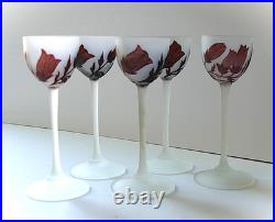 5 verres pâte de verre gravé acide fleurs Art Nouveau Croismare Era Daum gallé