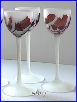 5 verres pâte de verre gravé acide fleurs Art Nouveau Croismare Era Daum gallé