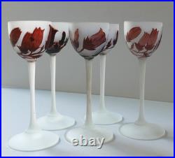 5 verres pâte de verre gravé acide fleurs Art Nouveau Croismare Era Daum gallé