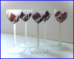 5 verres pâte de verre gravé acide fleurs Art Nouveau Croismare Era Daum gallé