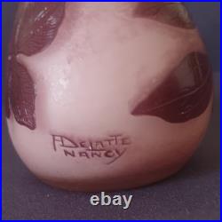 A. Delatte, très joli vase en verre multicouche, à décor floral sur fond rose