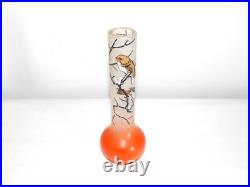 ANCIEN SOLIFLORE VASE en VERRE à Décor OISEAUX Peint Main Signé JEM