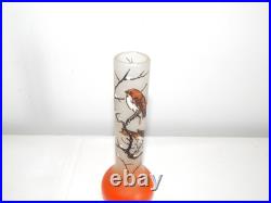 ANCIEN SOLIFLORE VASE en VERRE à Décor OISEAUX Peint Main Signé JEM