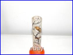 ANCIEN SOLIFLORE VASE en VERRE à Décor OISEAUX Peint Main Signé JEM