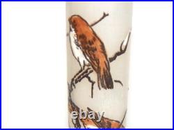 ANCIEN SOLIFLORE VASE en VERRE à Décor OISEAUX Peint Main Signé JEM