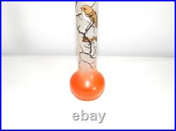 ANCIEN SOLIFLORE VASE en VERRE à Décor OISEAUX Peint Main Signé JEM