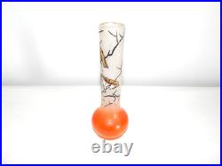 ANCIEN SOLIFLORE VASE en VERRE à Décor OISEAUX Peint Main Signé JEM