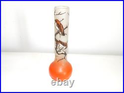 ANCIEN SOLIFLORE VASE en VERRE à Décor OISEAUX Peint Main Signé JEM