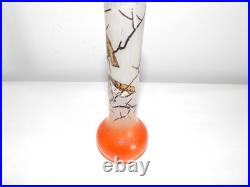 ANCIEN SOLIFLORE VASE en VERRE à Décor OISEAUX Peint Main Signé JEM