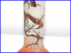 ANCIEN SOLIFLORE VASE en VERRE à Décor OISEAUX Peint Main Signé JEM