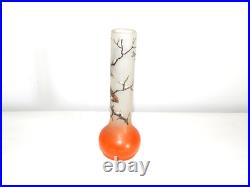 ANCIEN SOLIFLORE VASE en VERRE à Décor OISEAUX Peint Main Signé JEM