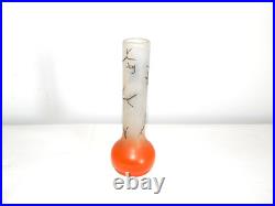 ANCIEN SOLIFLORE VASE en VERRE à Décor OISEAUX Peint Main Signé JEM