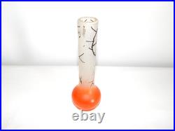 ANCIEN SOLIFLORE VASE en VERRE à Décor OISEAUX Peint Main Signé JEM