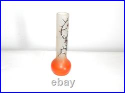 ANCIEN SOLIFLORE VASE en VERRE à Décor OISEAUX Peint Main Signé JEM
