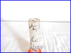 ANCIEN SOLIFLORE VASE en VERRE à Décor OISEAUX Peint Main Signé JEM