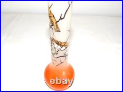 ANCIEN SOLIFLORE VASE en VERRE à Décor OISEAUX Peint Main Signé JEM