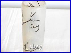 ANCIEN SOLIFLORE VASE en VERRE à Décor OISEAUX Peint Main Signé JEM