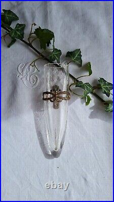 ANCIENNE BOUQUETIERE PETIT VASE DE VOITURE CRISTAL ARMATURE laiton NOEUD