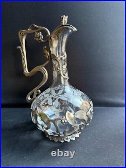 Aiguière Verre gravé et métal argenté Décor gui