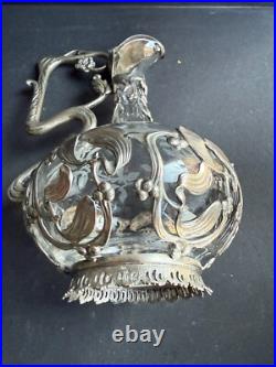 Aiguière Verre gravé et métal argenté Décor gui