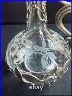 Aiguière Verre gravé et métal argenté Décor gui