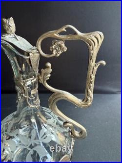 Aiguière Verre gravé et métal argenté Décor gui