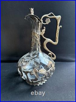 Aiguière Verre gravé et métal argenté Décor gui
