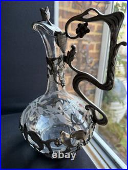 Aiguière Verre gravé et métal argenté Décor gui