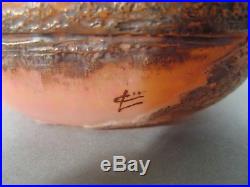 Ancien Petit Vase En Pte De Verre Dégagé A L'acide Décor Lacustre Signé Legras