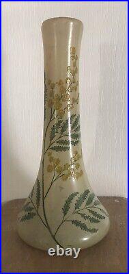 Ancien VASE Soliflore En Verre Soufflé, Décor Floral Période Art Nouveau -18,5cm