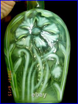 Ancien Vase Bouteille Ouraline Verre Jaune Fluo Inclusion De Blanc Decor Fleurs