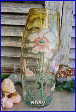 Ancien Vase Emaille Decor De Fleurs Legras