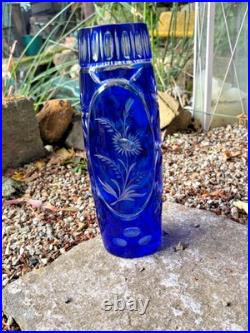 Ancien Vase En Cristal Doublé Bleu Cobalt Taillé Main Floral/Étoiles H 29 CM