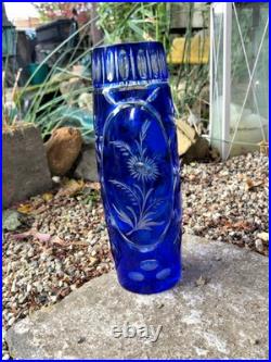 Ancien Vase En Cristal Doublé Bleu Cobalt Taillé Main Floral/Étoiles H 29 CM
