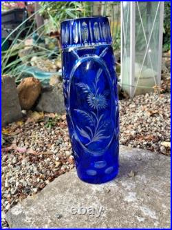 Ancien Vase En Cristal Doublé Bleu Cobalt Taillé Main Floral/Étoiles H 29 CM