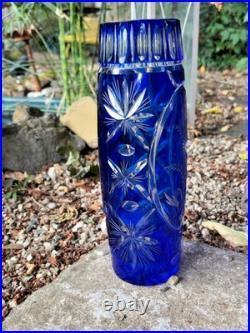 Ancien Vase En Cristal Doublé Bleu Cobalt Taillé Main Floral/Étoiles H 29 CM
