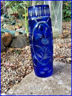 Ancien Vase En Cristal Doublé Bleu Cobalt Taillé Main Floral/Étoiles H 29 CM Ancien Vase En Cristal Doublé Bleu Cobalt Taillé Main Floral/Étoiles H 29 CM