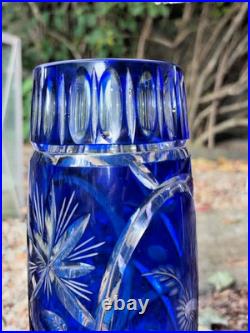 Ancien Vase En Cristal Doublé Bleu Cobalt Taillé Main Floral/Étoiles H 29 CM