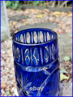 Ancien Vase En Cristal Doublé Bleu Cobalt Taillé Main Floral/Étoiles H 29 CM